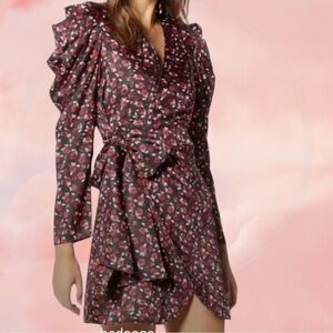 SOMETHING Navy Revolve Women Satin Black Red Floral Wrap Dress Sz M